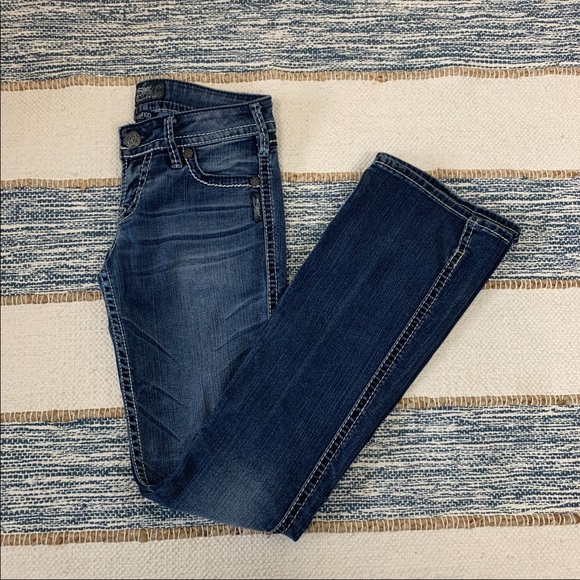 Dark Wash Silver bootcut Jeans w/ Jeweled Pockets - Picture 1 of 8